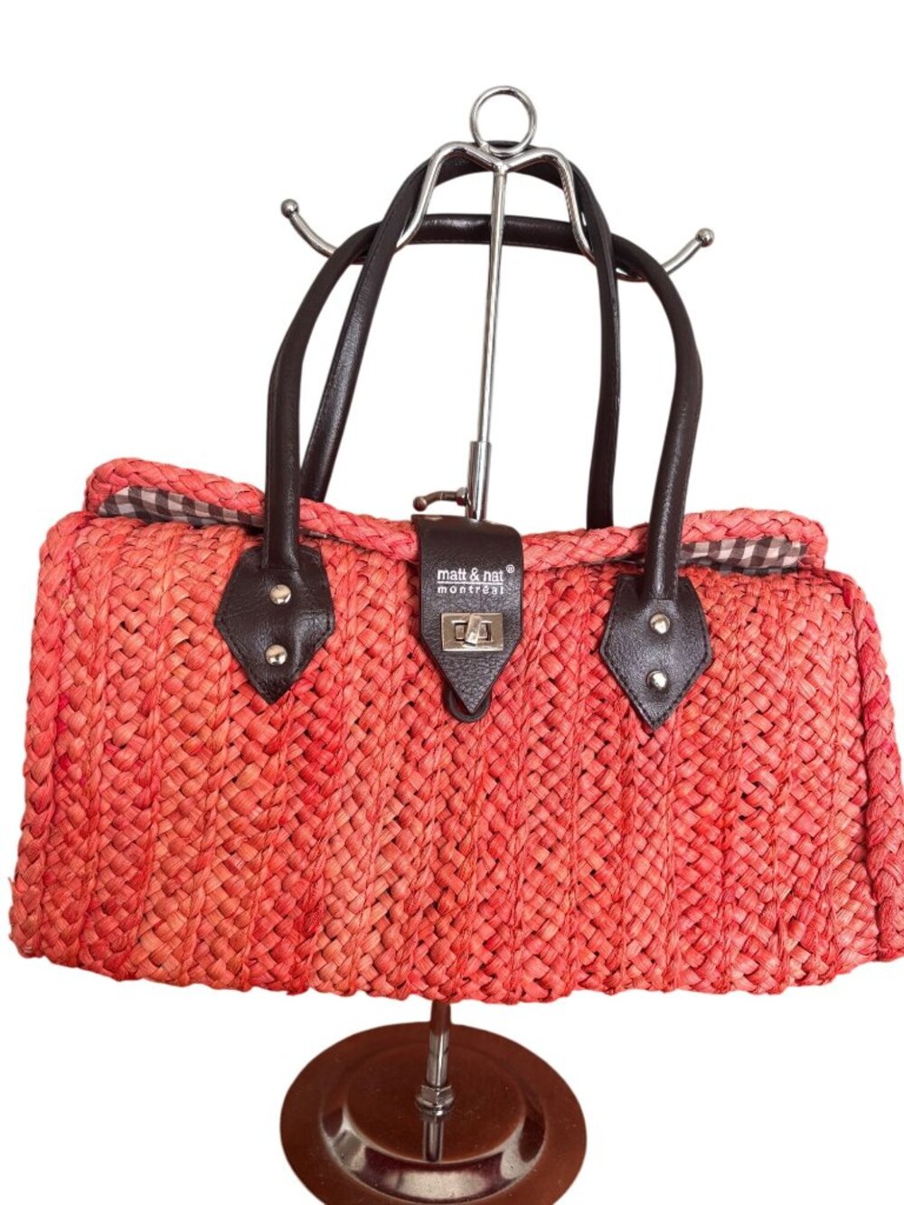 Matt & Nat Montreal Coral Woven Straw Handbag Faux Leather & Gingham Lining
